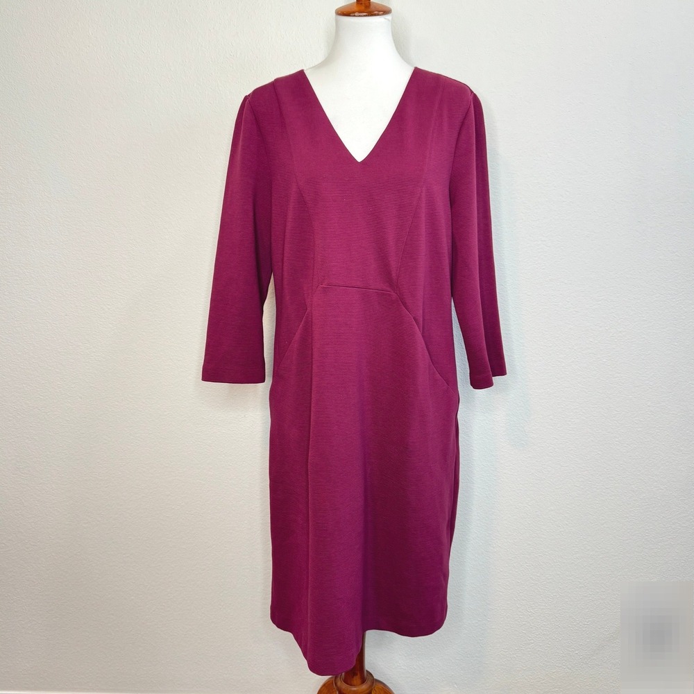 BODEN Bronte Ottoman Ribbed Knee Shift Dress 14R‎ Dk Red 3/4 Sleeves Pockets
